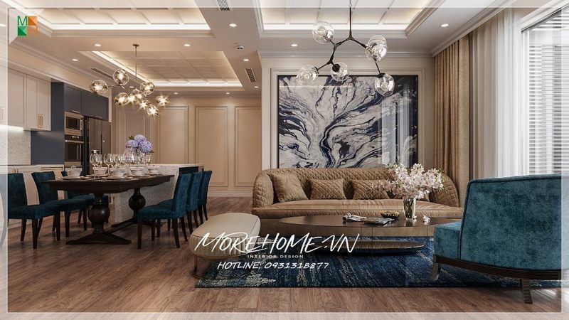 Đèn trang trí với ánh sáng vàng ấm cúng bao phủ không gian sang trọng